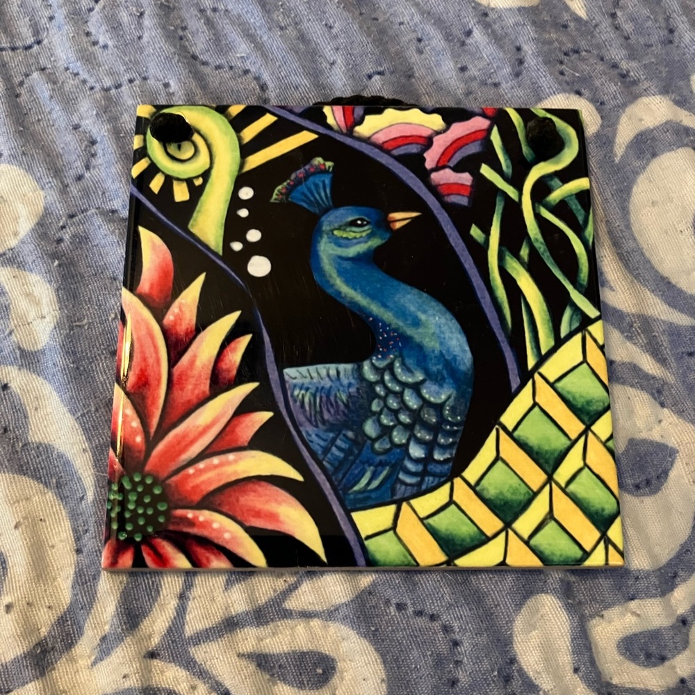 Colorful Peacock Peahen Art Tile for hanging